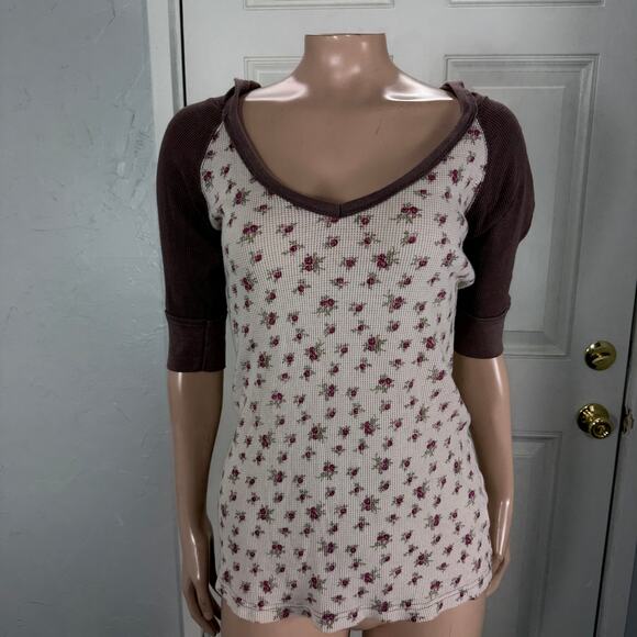 Vintage y2K Self Esteem Shirt Medium Cotton Waffle Knit thermal Hooded Floral N6 - Picture 1 of 6